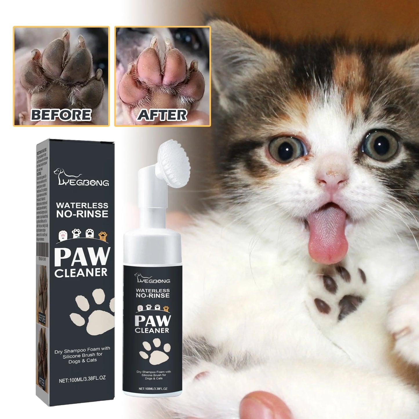 Pet Paw Foam Cleaner No-Rinse Dry Shampoo Foam with Brush